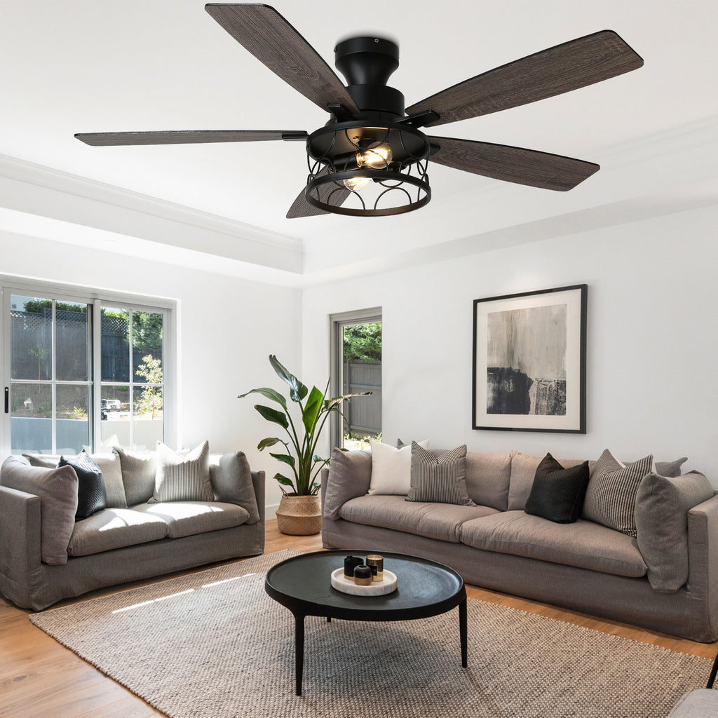 52 Inch Black Farmhouse Industrial Flush Mount Ceiling Fan with Lights and Remote, 6 Speeds DC Motor Reversible Low Profile Ceiling Fan