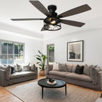 52 Inch Black Farmhouse Industrial Flush Mount Ceiling Fan with Lights and Remote, 6 Speeds DC Motor Reversible Low Profile Ceiling Fan