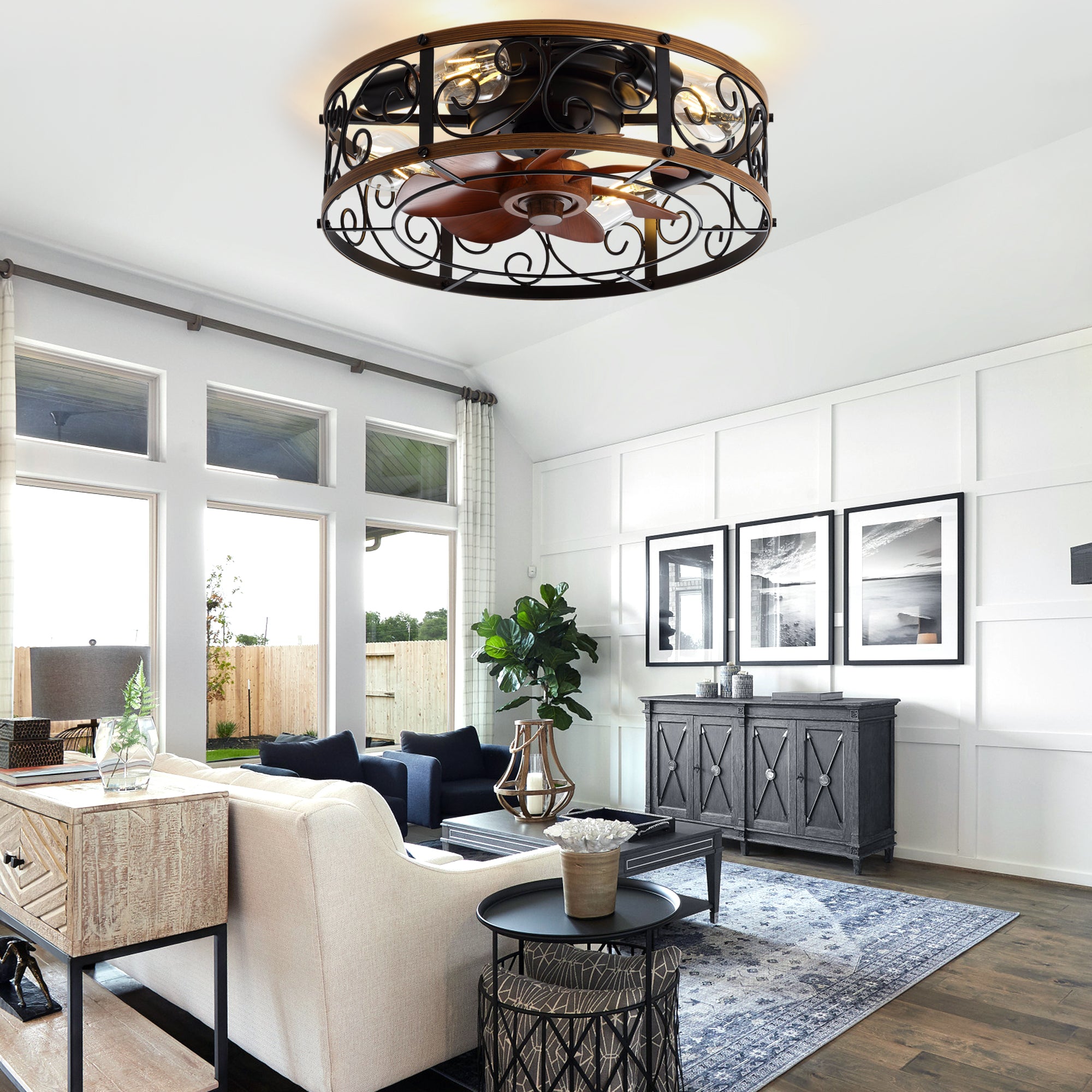 18 Inch Rustic Farmhouse Industrial Flush Mount Ceiling Fan with Lights and Remote, 6 Speeds DC Motor Reversible Low Profile Ceiling Fan