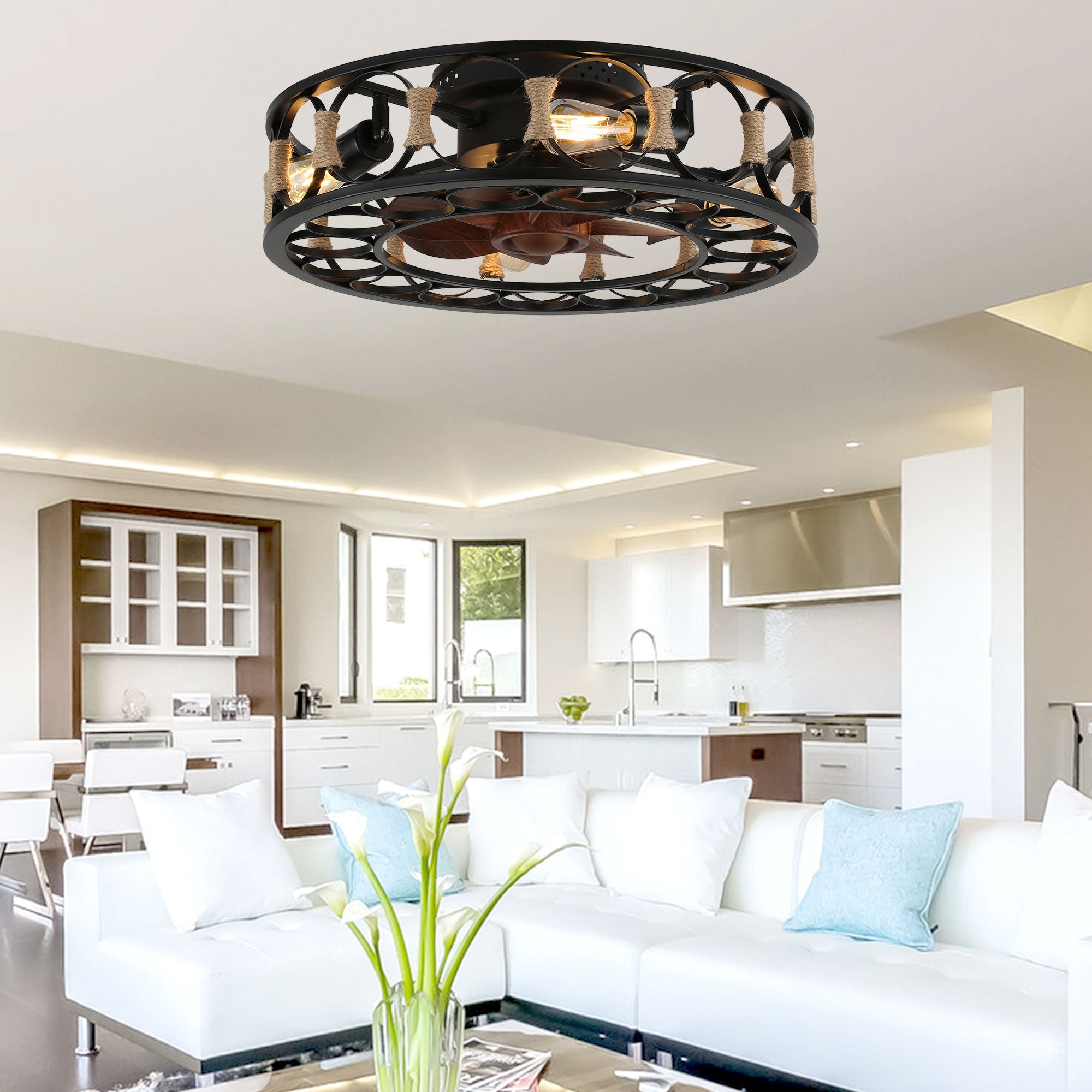 DC2026OA-BellaDepot 19.7" Low Profile Caged Reversible Ceiling Fan with Remote and 4 Lights, 6-speed Ceiling Fan