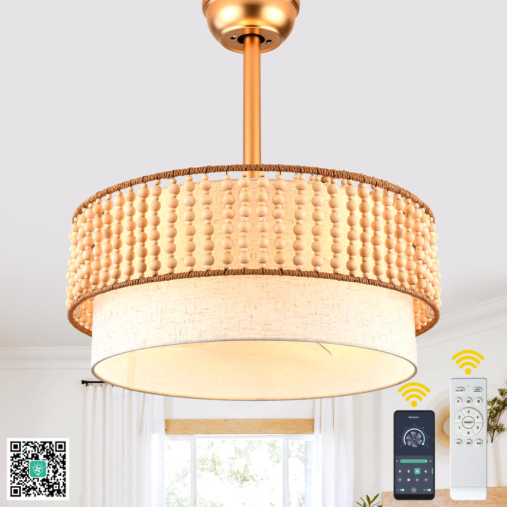 20 Inch Gold Bohemian Drum Ceiling Fan with Lights and Remote, 6 Speeds DC Motor Reversible Bladeless Fandelier Ceiling Fan with Wood Beaded Shade