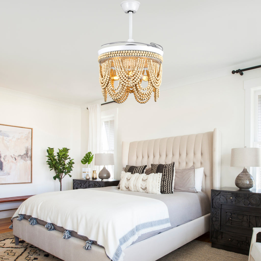 42 Inch Black/Gold/White Boho Retractable Ceiling Fan with Lights and Remote, 6 Speeds DC Motor Bladeless Ceiling Fan with Wood Beaded Shade