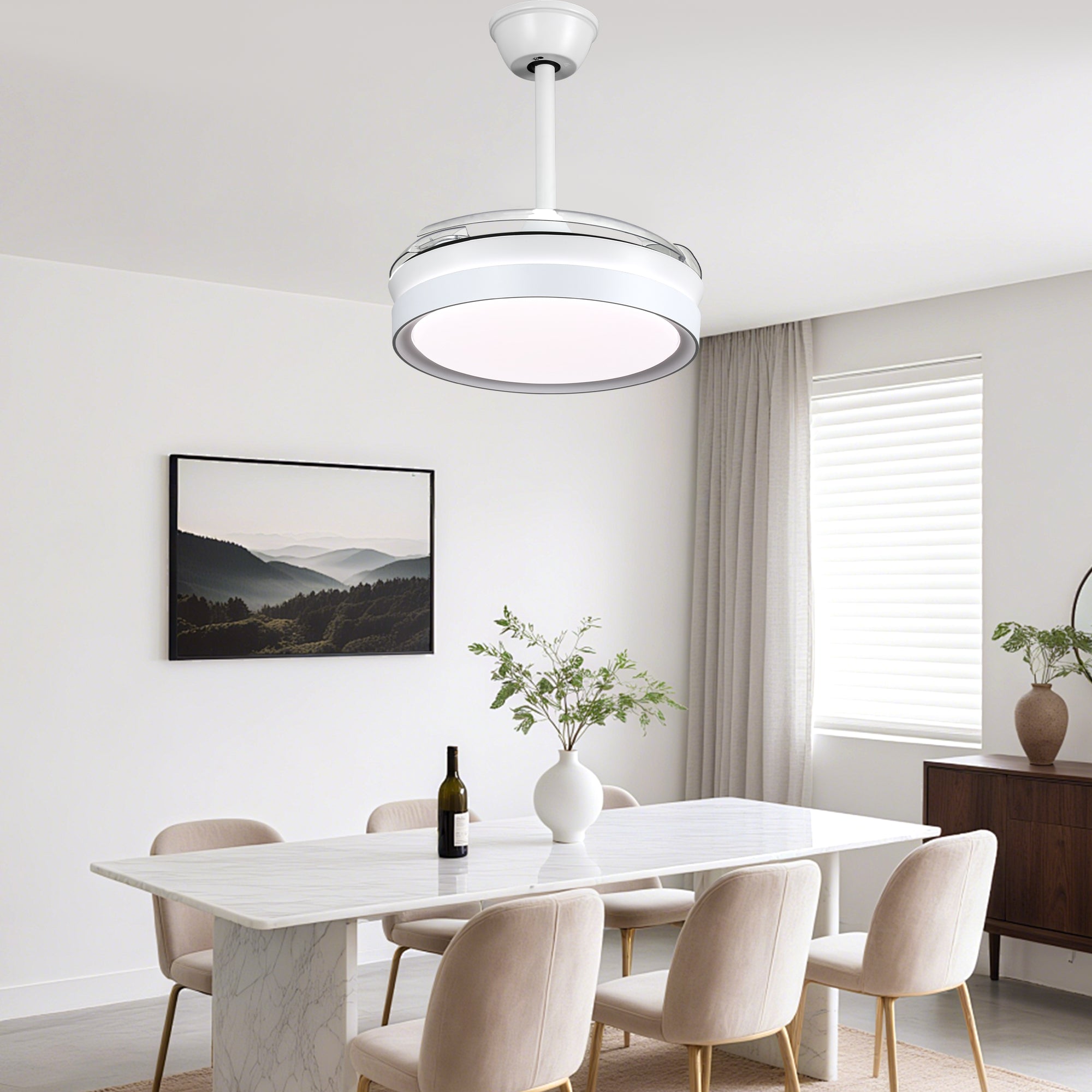 36 Inch Black/Gold/White Modern Smart Retractable Ceiling Fan with LED Light and Remote, 6 Speeds DC Motor Bladeless Ceiling Fan