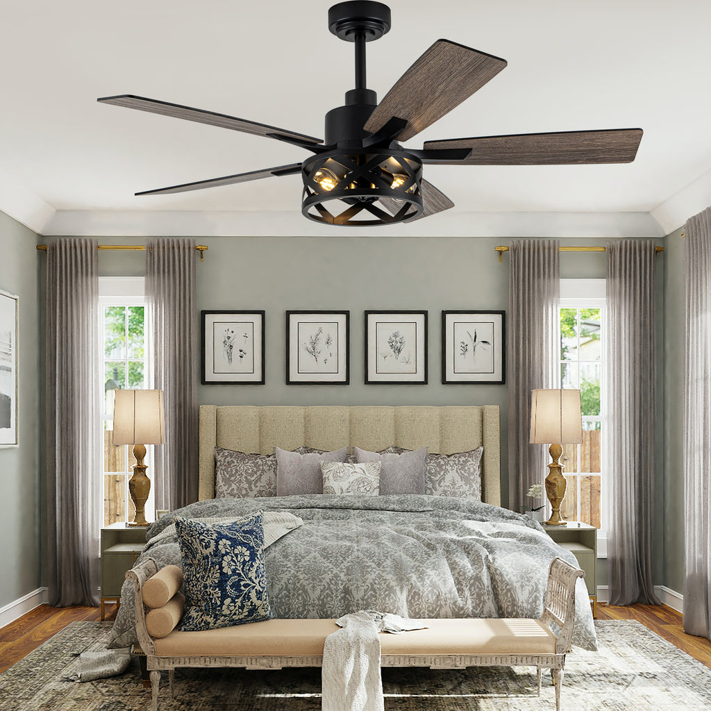 52 Inch Industrial Wood Grain Caged Ceiling Fan with Remote and Reversible Blades, 6-Speed Ceiling Fan with Lights