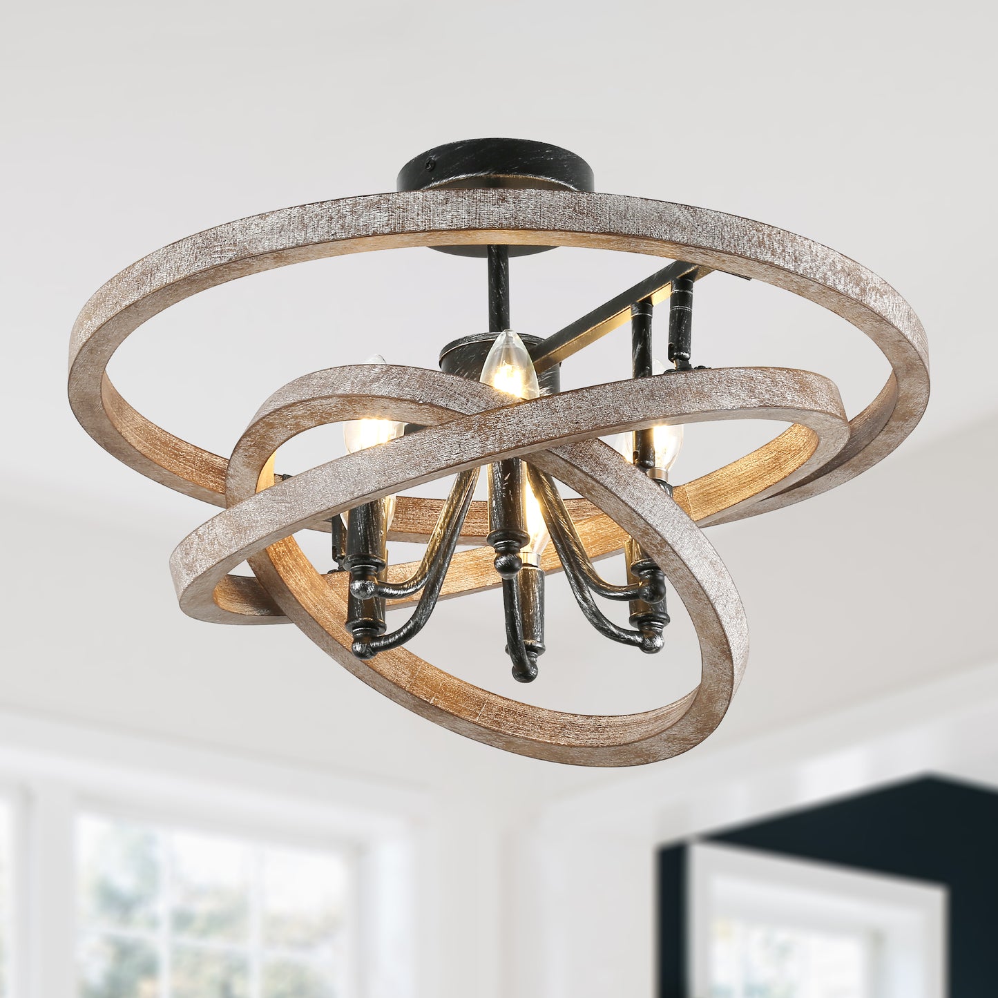 FC4111-6 Lights Classic Wood Chandelier, Height Adjustable Home Decoration Pendant Light