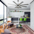 DC6501-BellaDepot 65" 8 Wooden Blades Black/Silver Finish Industrial Caged Reversible Ceiling Fan with Remote and 3 Lights, Large Size 6-speed Ceiling Fan