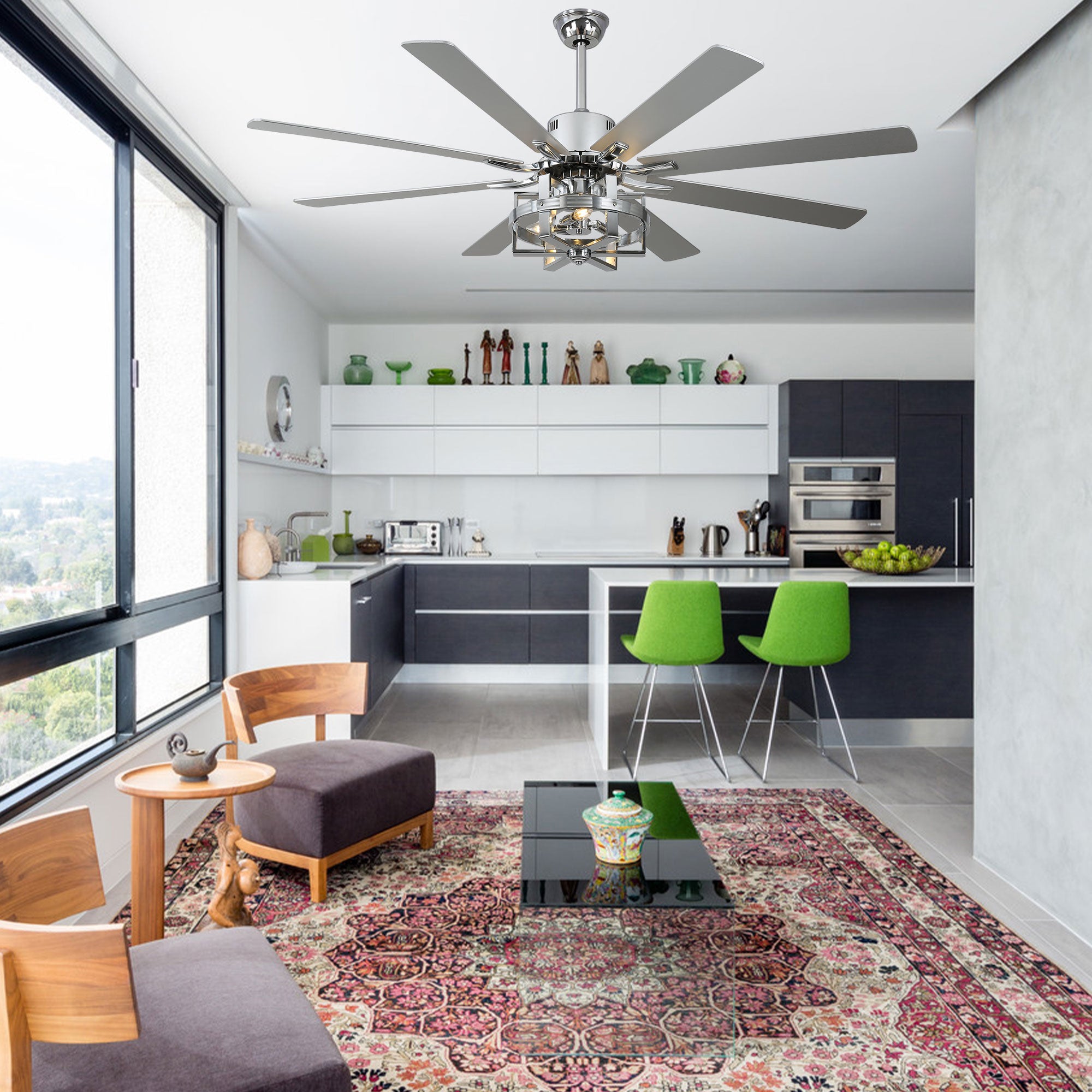 DC6501-BellaDepot 65" 8 Wooden Blades Black/Silver Finish Industrial Caged Reversible Ceiling Fan with Remote and 3 Lights, Large Size 6-speed Ceiling Fan