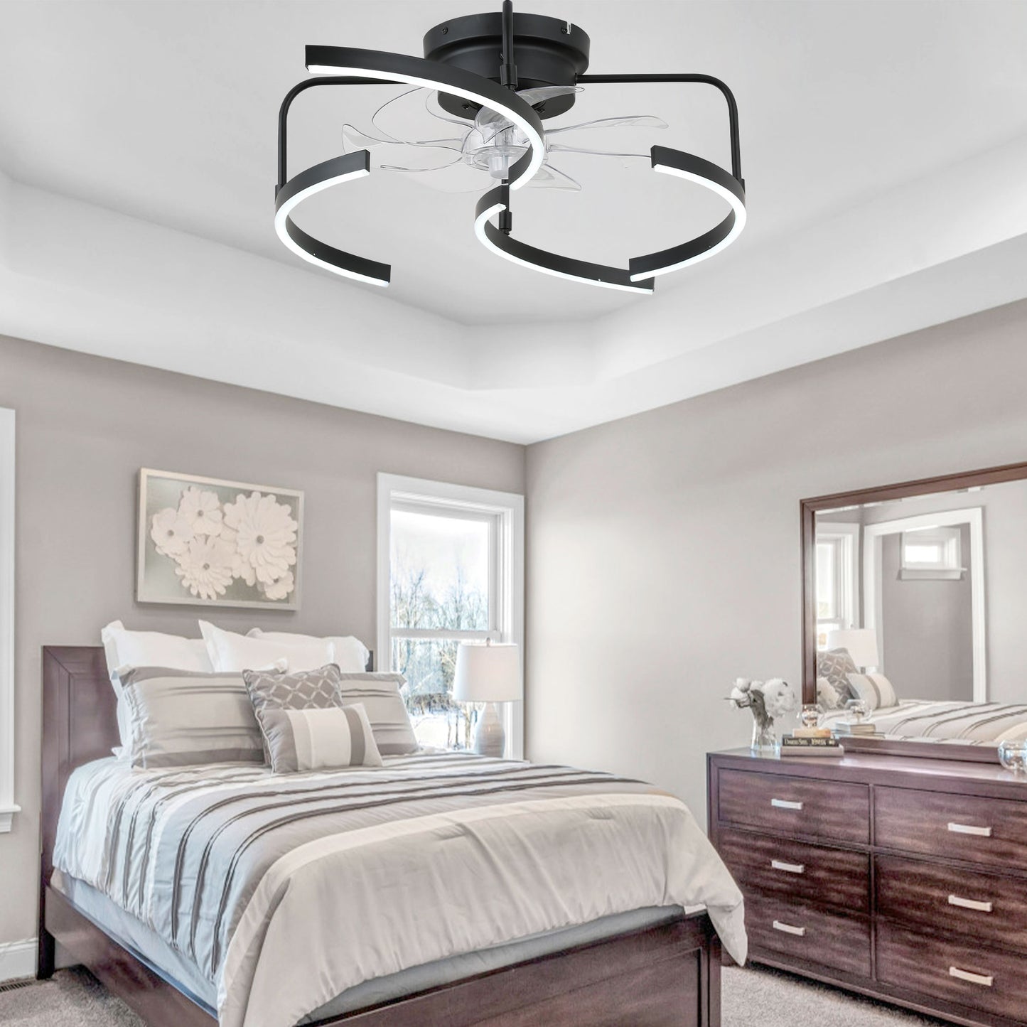 DC2027-20" DIY Shape Modern Flush Mounted Ceiling Fan for Bedroom with Remote and Light Kit Included