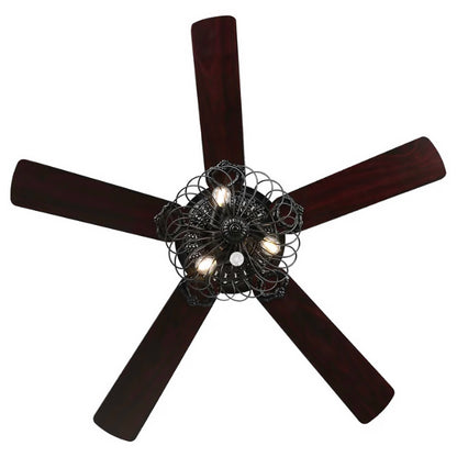 BD2028-42"/48"/52" Large Industrial Caged Reversible Ceiling Fan, with Remote and 3 Lights, 5 Wooden Blades