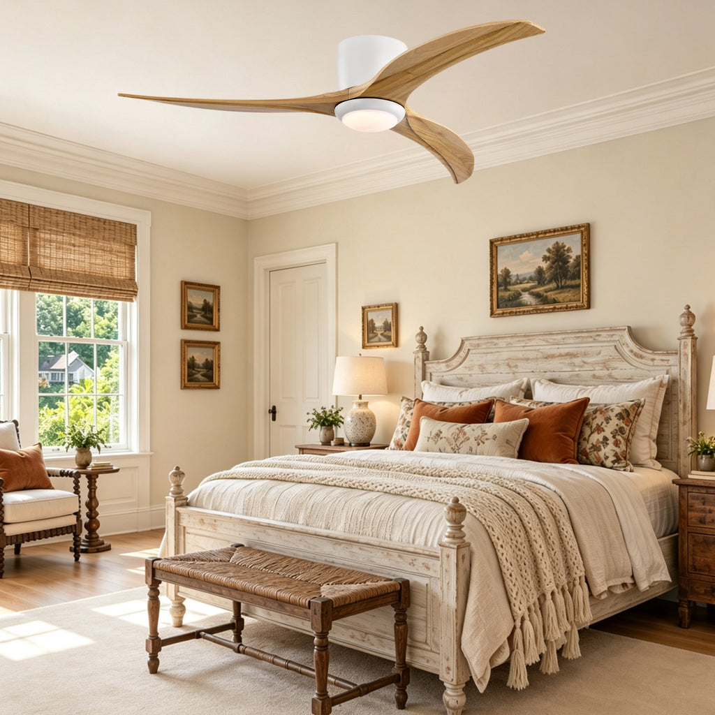 52 Inch Farmhouse Matte White Natural Wood Ceiling Fan with Lights & Remote Control, 6 Speed DC Motor Reversible Ceiling Fan
