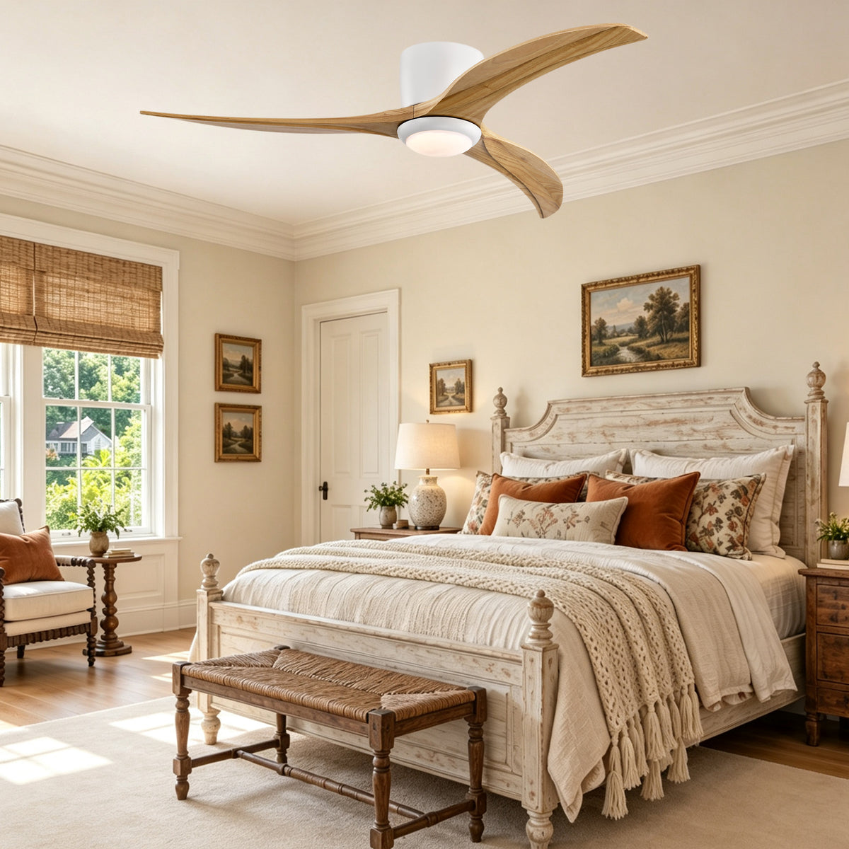 52 Inch Farmhouse Matte White Natural Wood Ceiling Fan with Lights & Remote Control, 6 Speed DC Motor Reversible Ceiling Fan