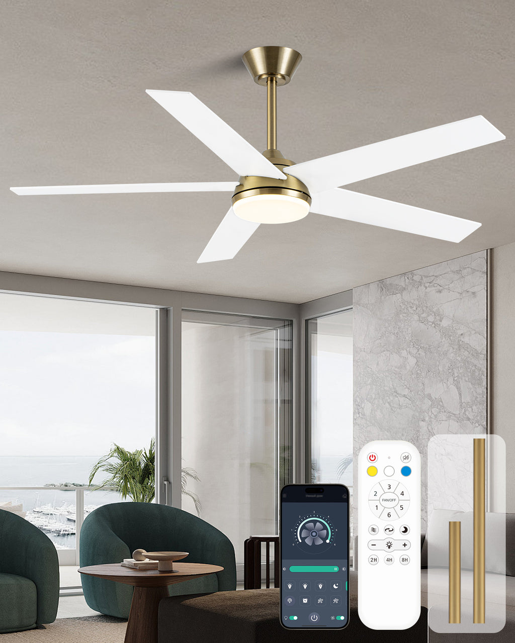 52 Inch Modern Smart Gold Ceiling Fan with Dimmable LED Light and Remote & APP Control, 6-Speed DC Motor Reversible Ceiling Fan