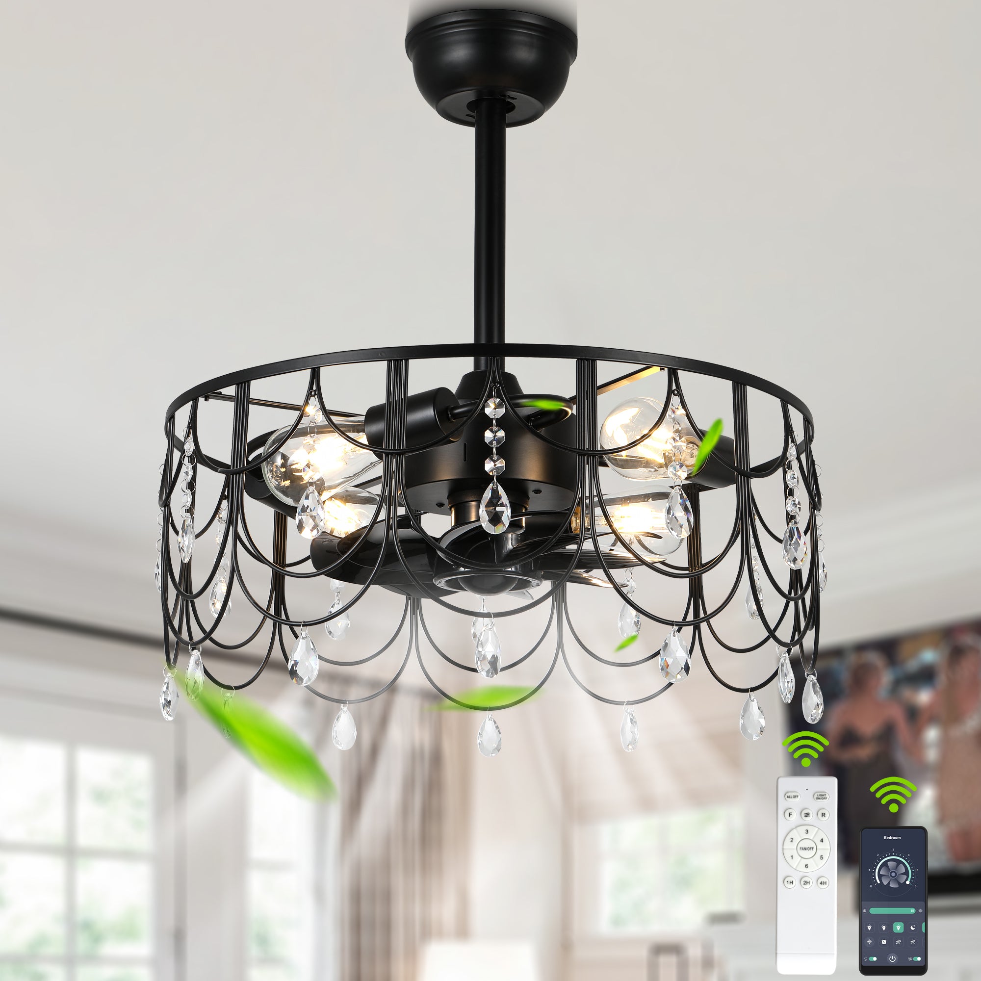 DC2105-BellaDepot 20.8" Black/Silver Dream Crystal Reversible Ceiling Fan with Remote and 4 Lights, 6-speed Bladeless Ceiling Fan