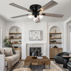 52/60 Inch Black Farmhouse Flush Mount Ceiling Fan with Lights and Remote Control, 6 Speeds DC Motor Low Profile Ceiling Fan with Glass Shade