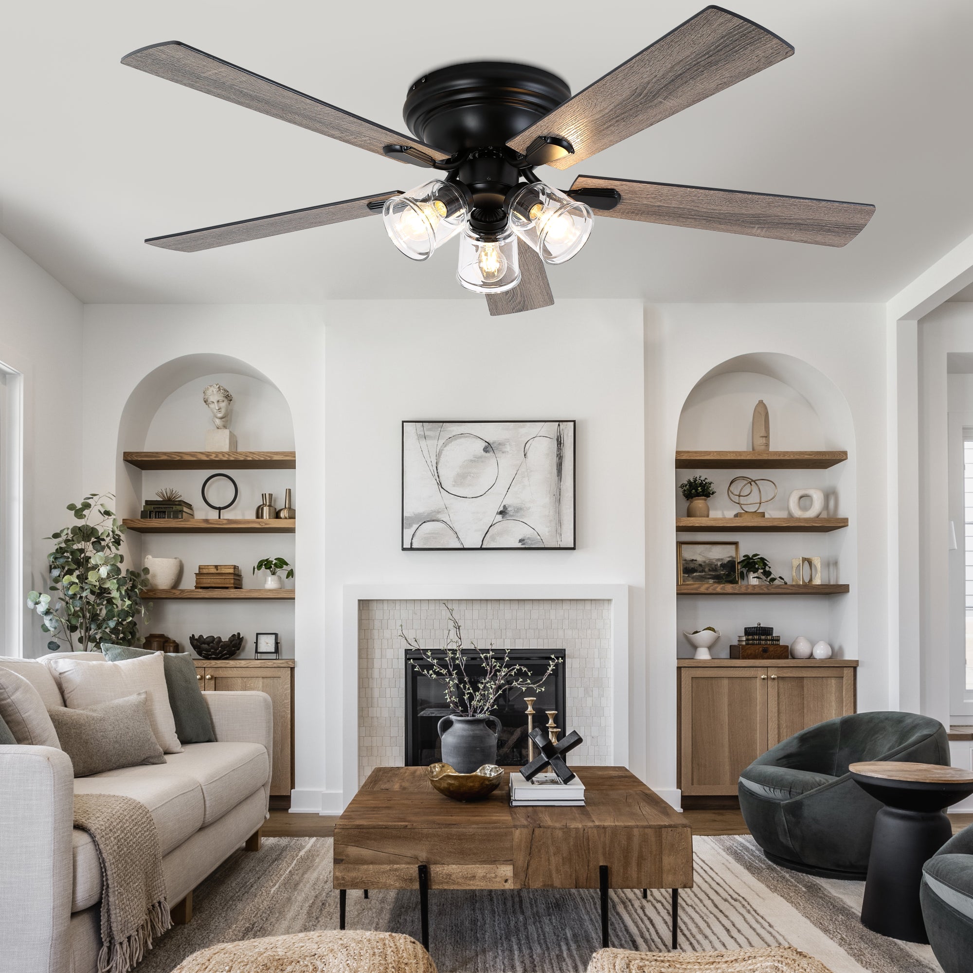 52/60 Inch Black Farmhouse Flush Mount Ceiling Fan with Lights and Remote Control, 6 Speeds DC Motor Low Profile Ceiling Fan with Glass Shade