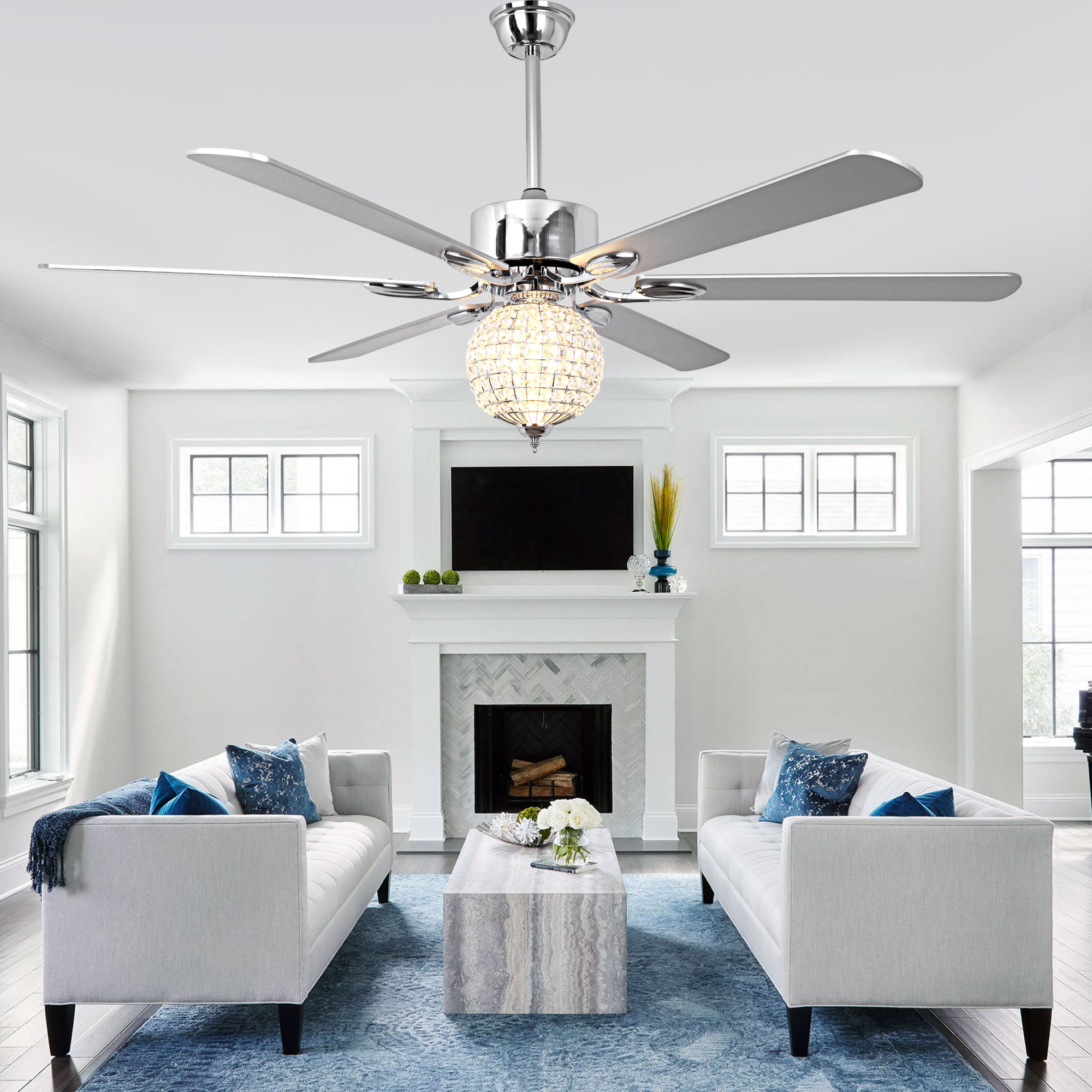 DC6509-BellaDepot 65" Luxury Crystal Ball Chrome Large Size Ceiling Fan with Remote Control, Silent Motor 6 Speeds Straight Leaf Fan with LED Lights