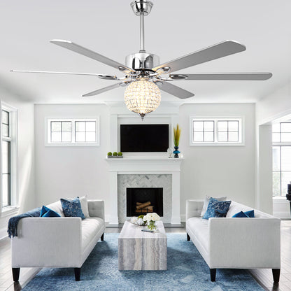 BellaDepot 65" Luxury Crystal Ball Chrome Large Size Ceiling Fan with Remote Control, Silent Motor 6 Speeds Straight Leaf Fan with LED Lights - DC6509