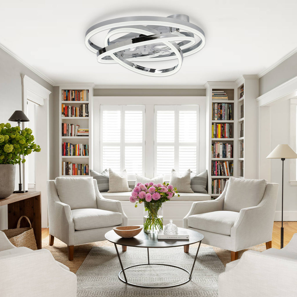 24 Inch Modern Smart Flush Mount LED Ceiling Fan with Light and Remote, 6 Speeds DC Motor Bladeless Low Profile Ceiling Fan