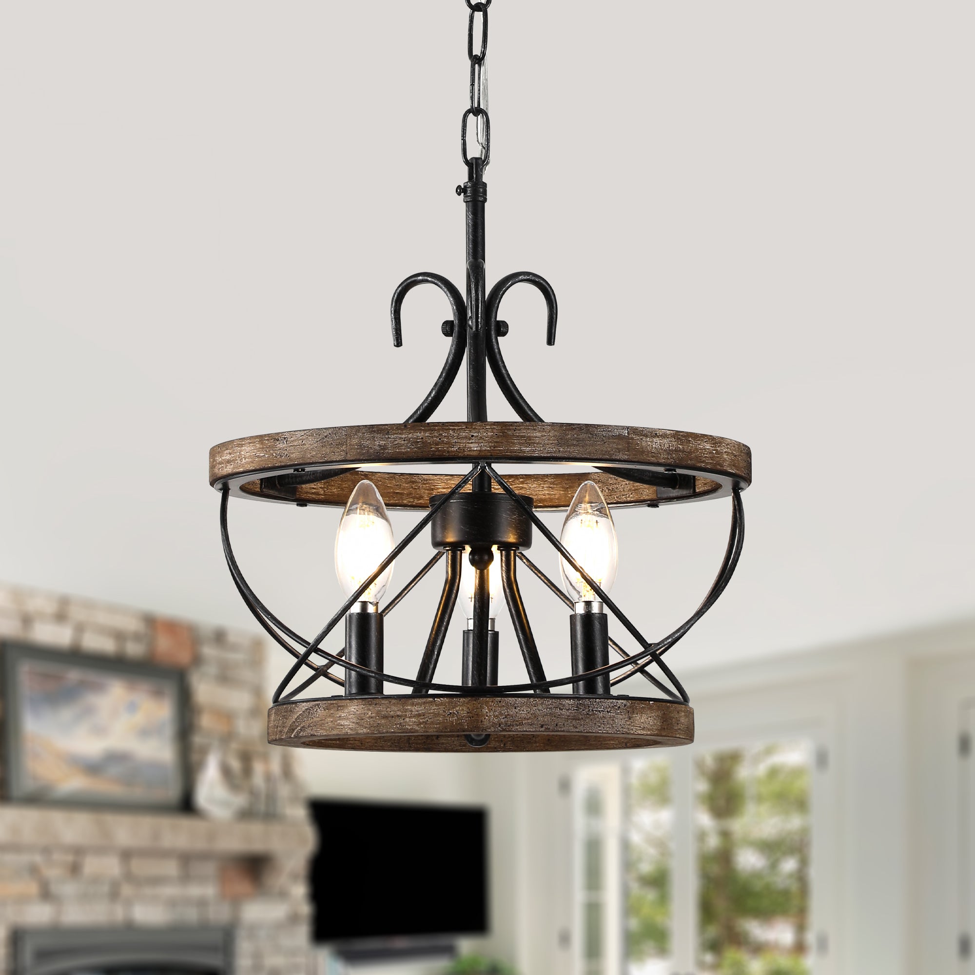 3 - Lights Farmhouse Drum Chandelier, 13" Wooden Chandelier for Dining Room with Height Adjustable