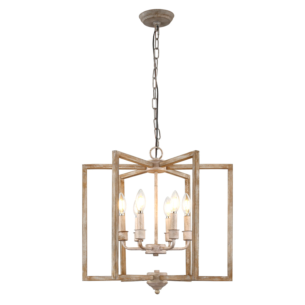 6 - Lights Cottage Distressed Wood Chandelier, 15.7" Height Adjustable Farmhouse Geometric Chandelier