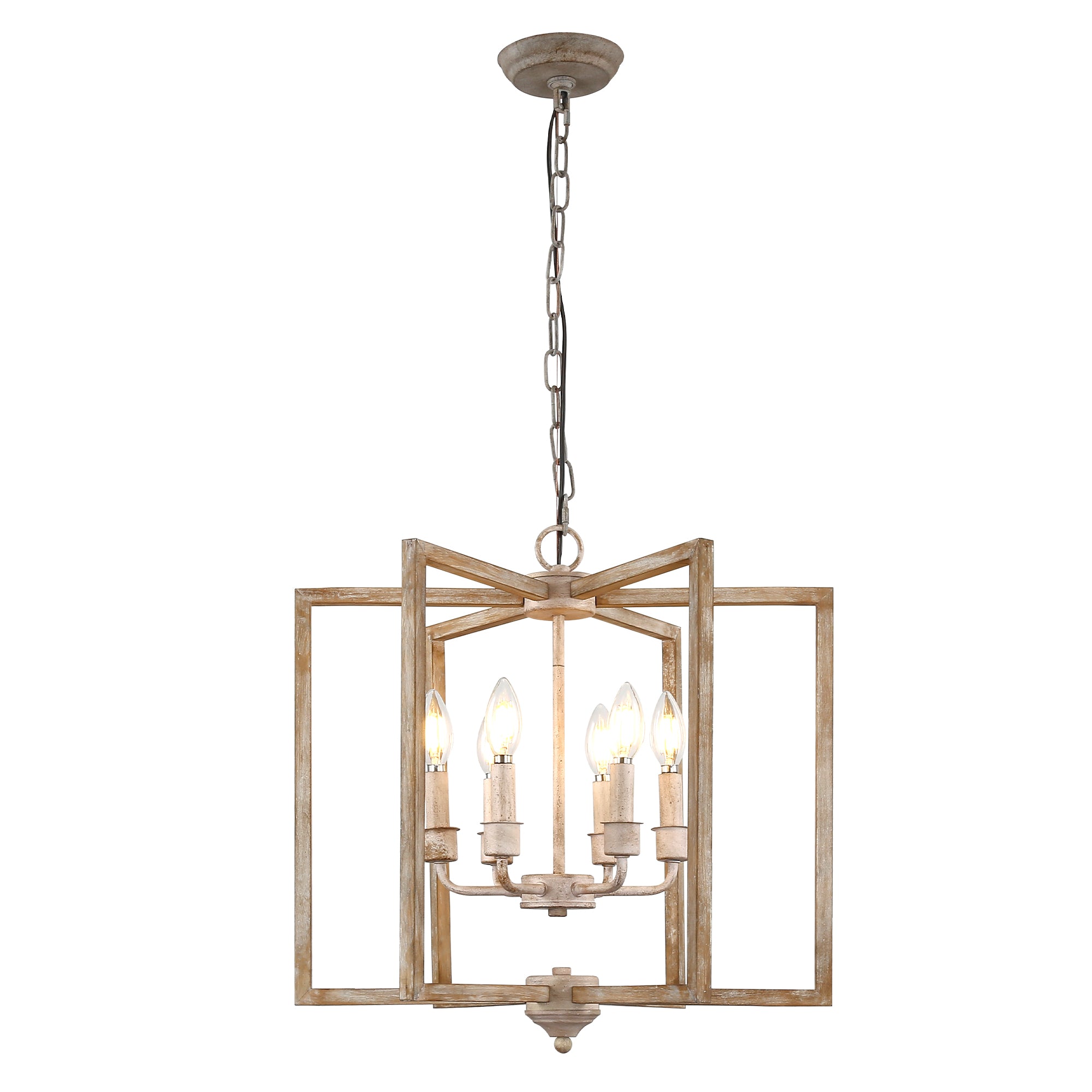 6 - Lights Cottage Distressed Wood Chandelier, 15.7" Height Adjustable Farmhouse Geometric Chandelier