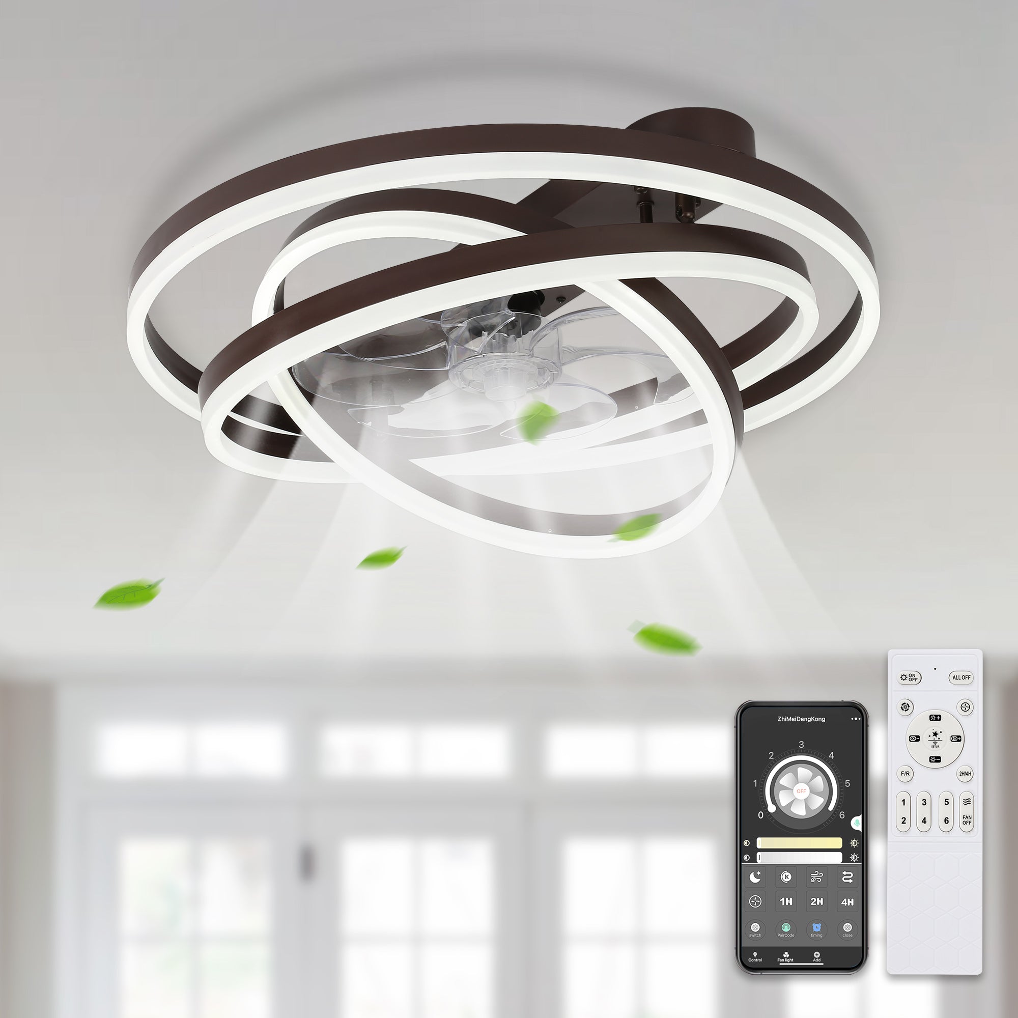 24 Inch Modern Smart Flush Mount LED Ceiling Fan with Light and Remote, 6 Speeds DC Motor Bladeless Low Profile Ceiling Fan