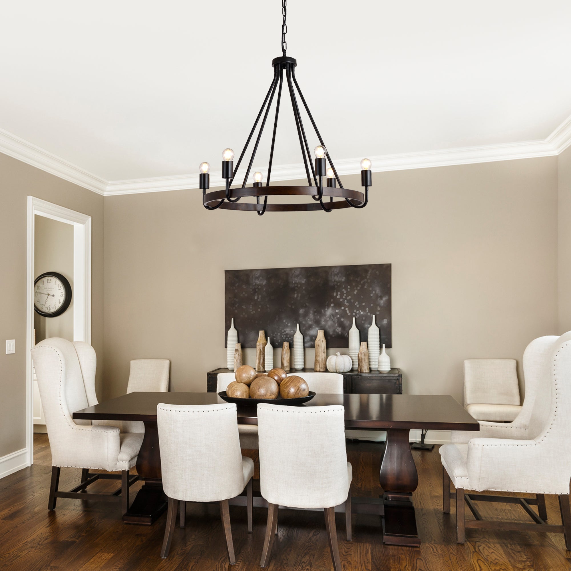 6 - Light Black Farmhouse Small Wagon Wheel Chandelier, 28" Round Chandelier Foyer Chandeliers with Height Adjustable