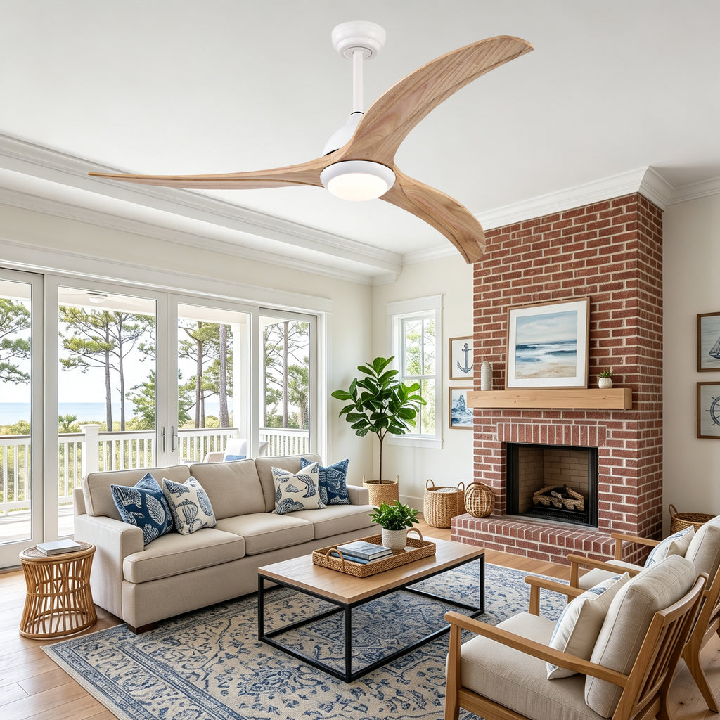 52 Inch Modern Farmhouse Matte White Solid Wood Blade Ceiling Fan with Lights & Remote Control, 6 Speed DC Motor Reversible Ceiling Fan