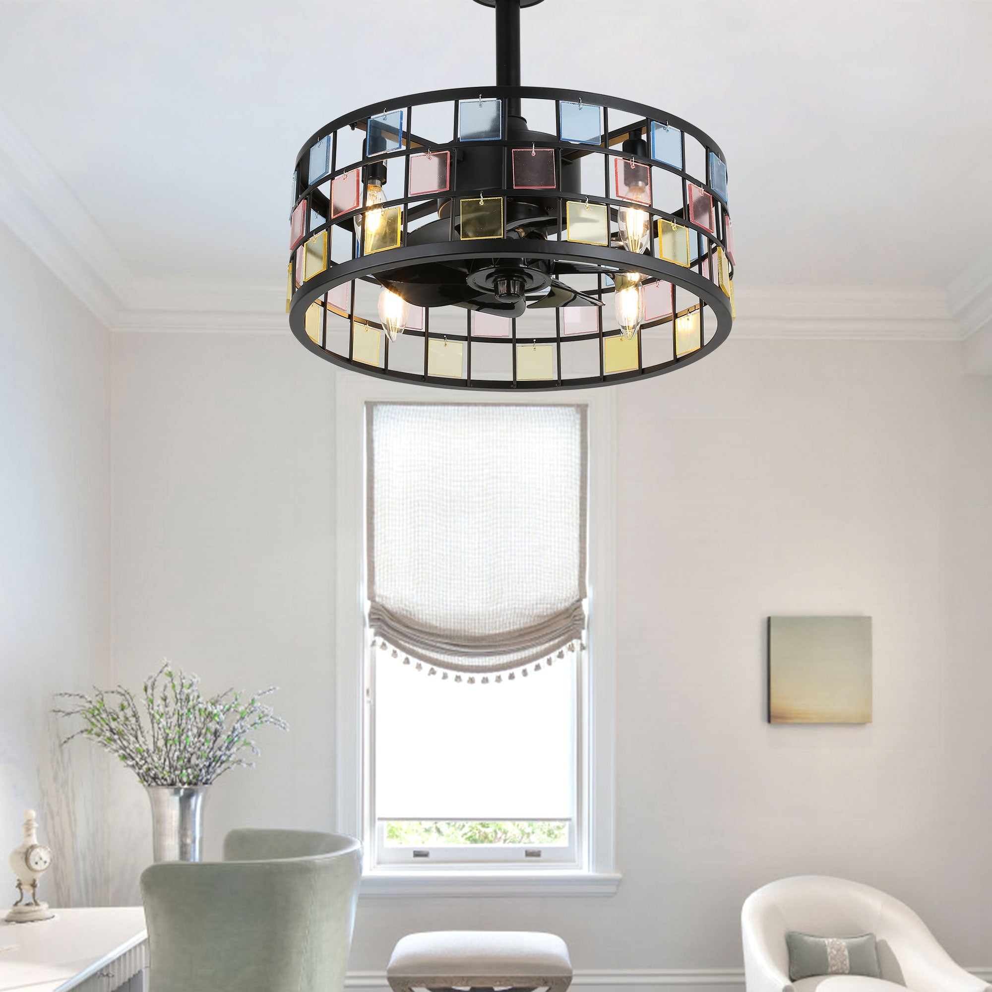 BD1813-BellaDepot 17.7" Black/White Finish Industrial Caged Reversible Ceiling Fan with 4 Lights and Remote