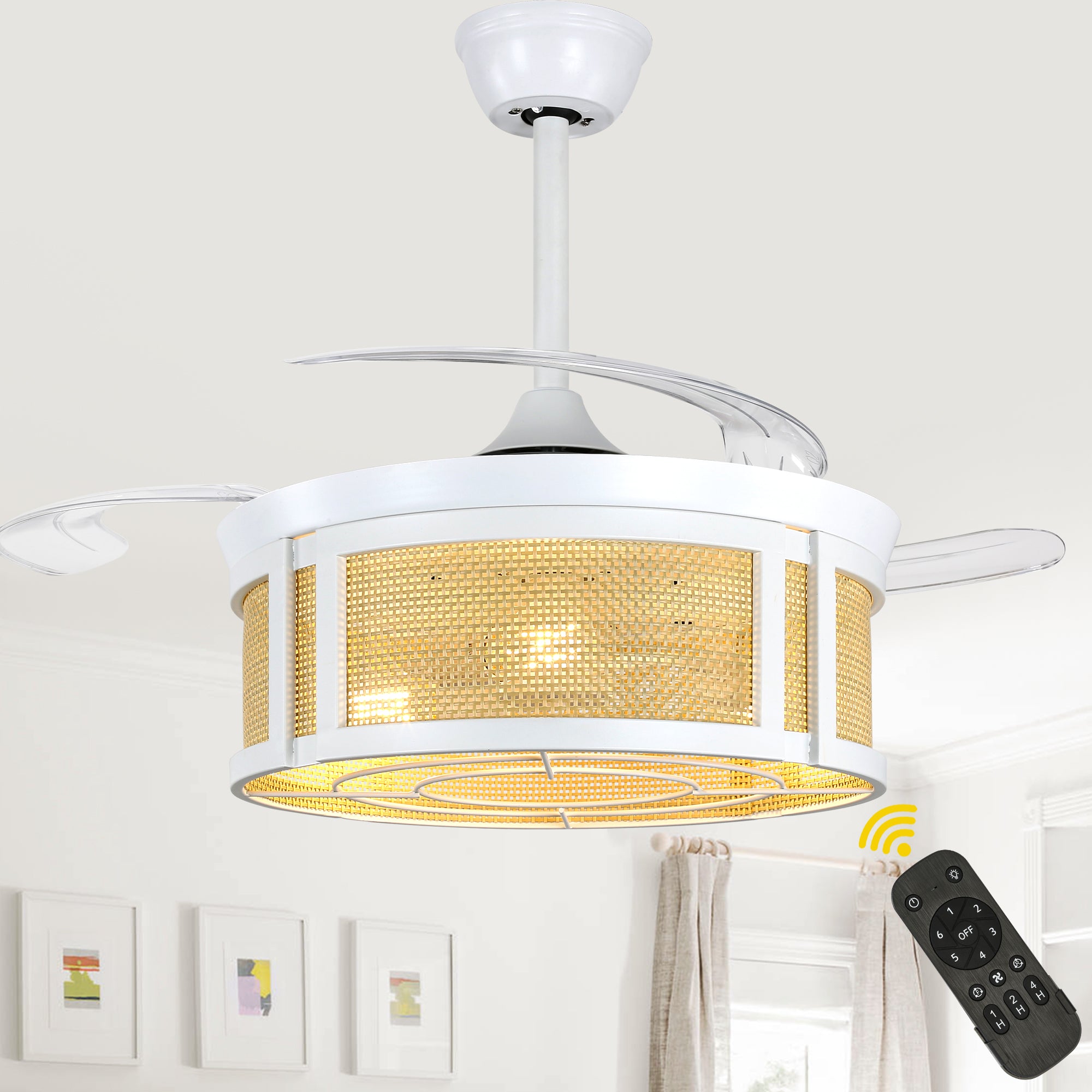 42 Inch White Rattan Retractable Ceiling Fan with Lights and Remote, 6 Speeds DC Motor Bladeless Fandelier Ceiling Fan for Bedroom