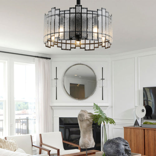 19 Inch Modern Black Drum Caged Ceiling Fan with Lights and Remote, 8-Blade Reversible Bladeless Ceiling Fan with Water Ripple Glass Shade