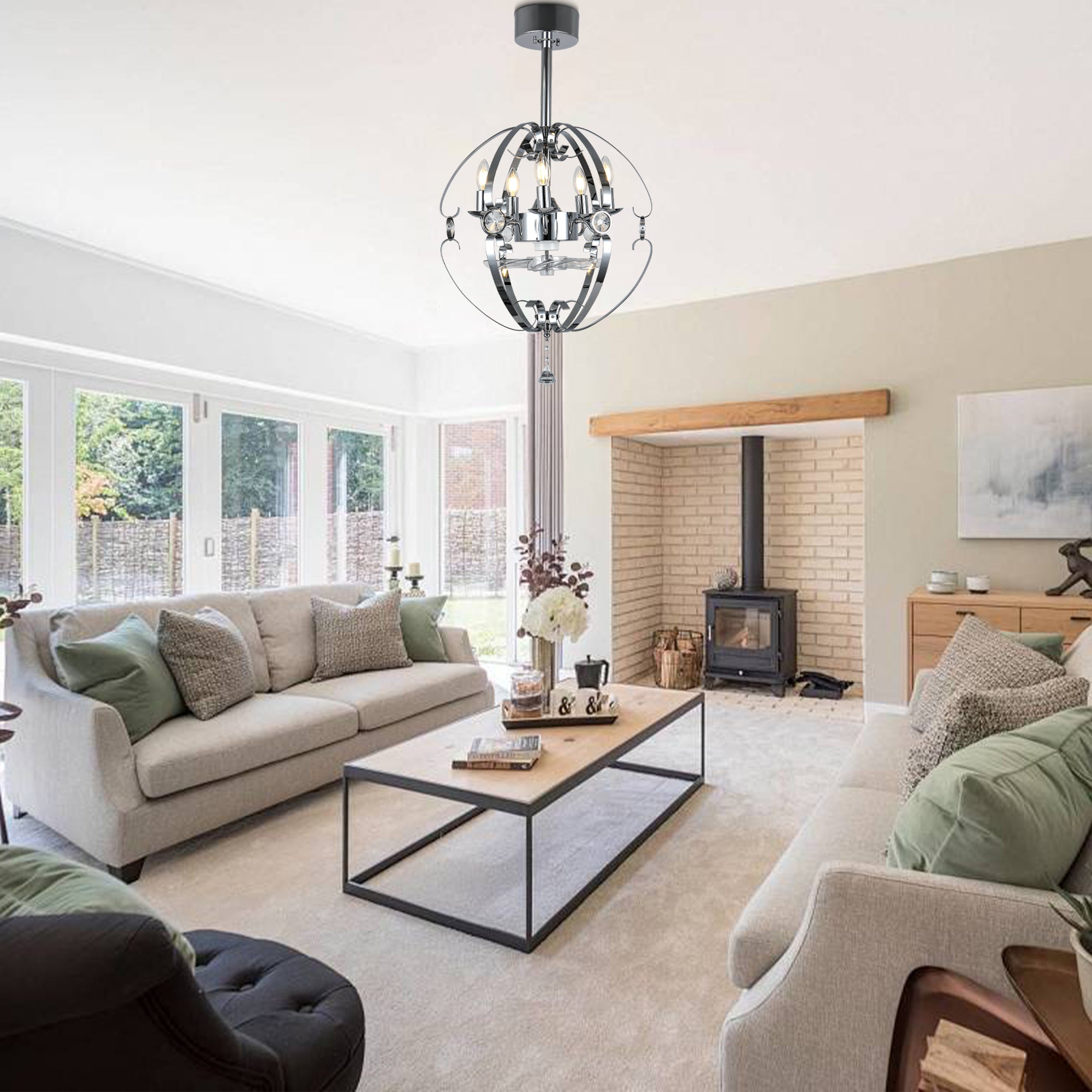 DC2031-BellaDepot 19.7" Silver Finish Luxury Crystal Reversible Ceiling Fan with Remote and 5 Lights, 6-Speed Ceiling Fan