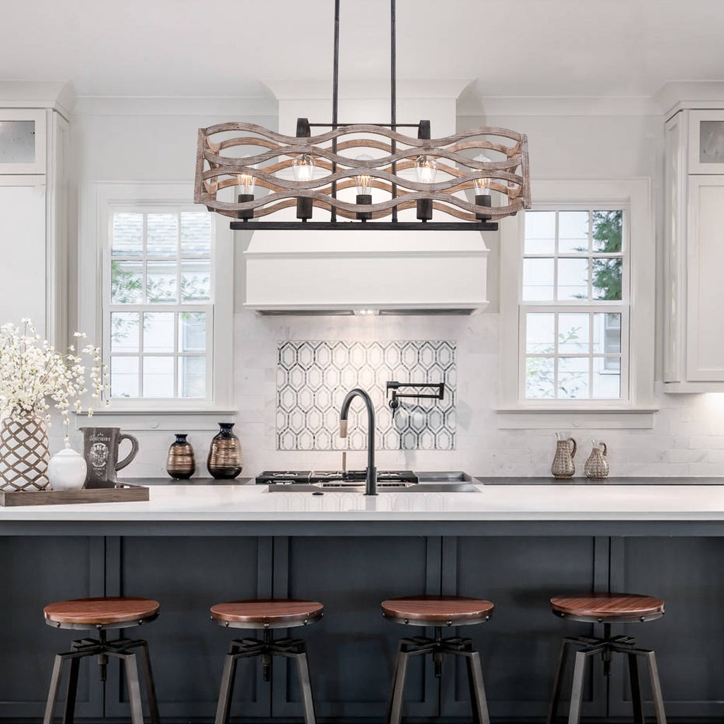 5 - Light Rectangle Farmhouse Chandelier for Dining Room Wooden Chandelier, 34" Kitchen Island Lighting