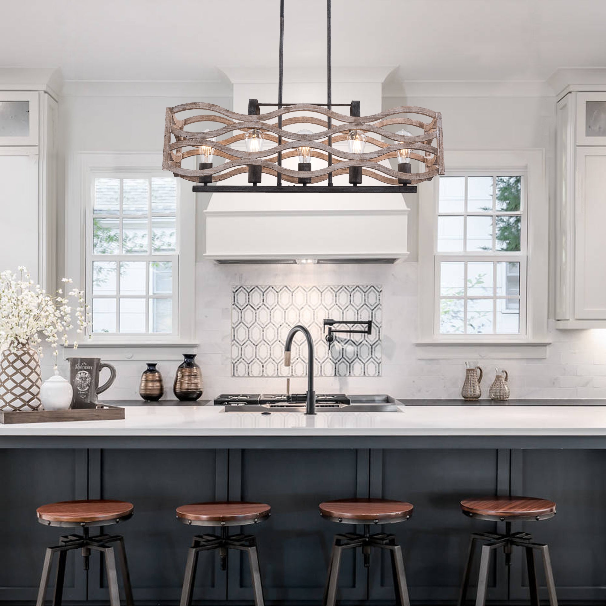 5 - Light Rectangle Farmhouse Chandelier for Dining Room Wooden Chandelier, 34" Kitchen Island Lighting