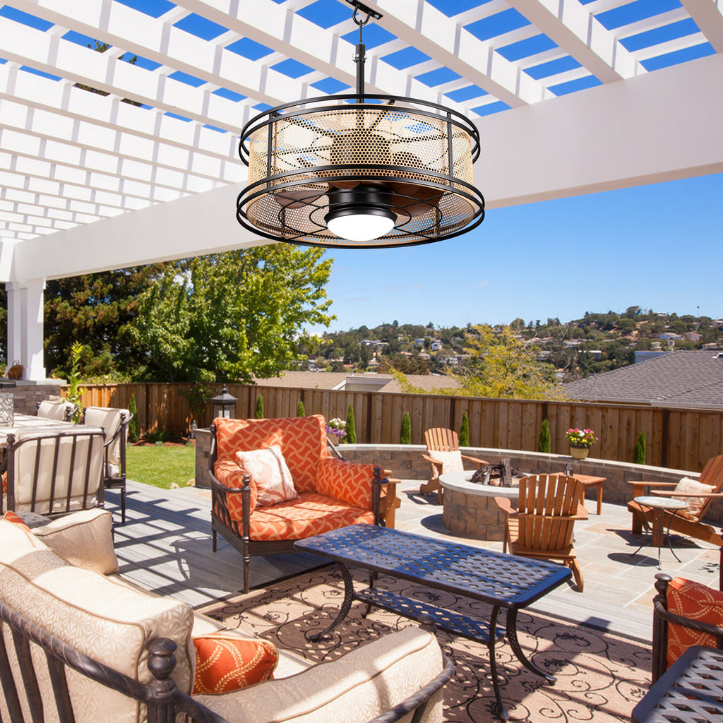 HW2307-BellaDepot 23.6" Imitation Rattan Outdoor Ceiling Fan with Remote and LED Lights, DC Motor 6 Speeds Ceiling Fan