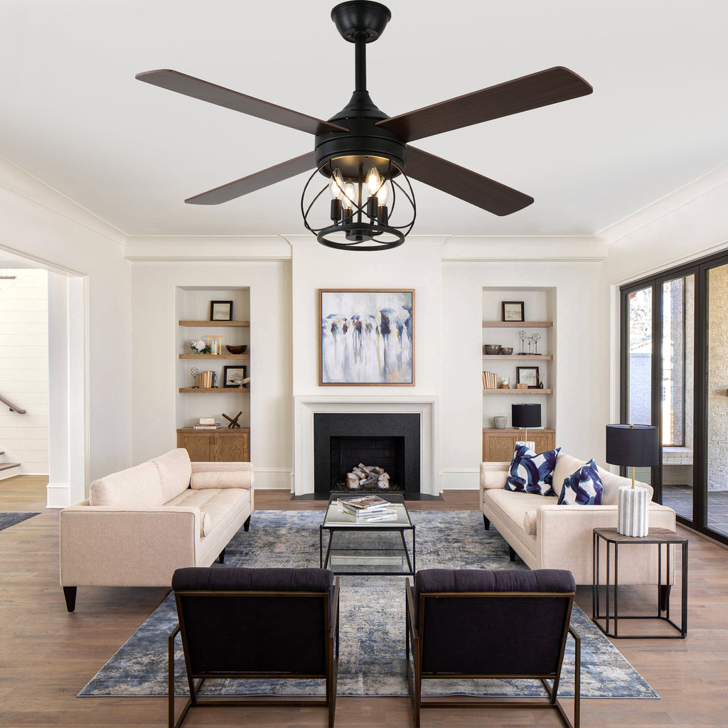 52 Inch Rustic Black Ceiling Fan with Lights and Remote, 6-Speed DC Motor Reversible Farmhouse Industrial Ceiling Fan