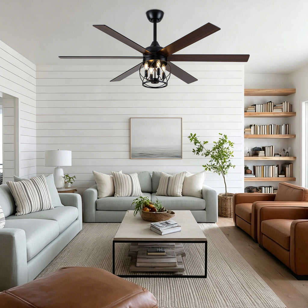 Industrial 60 Inch Caged Ceiling Fan with Light 6 Wood Blades Reversible Quiet DC Motor Ceiling Fan 3 Downrods with Remote Control Ceiling Fan Suit for Living Room, Bedroom
