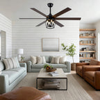 Industrial 60 Inch Caged Ceiling Fan with Light 6 Wood Blades Reversible Quiet DC Motor Ceiling Fan 3 Downrods with Remote Control Ceiling Fan Suit for Living Room, Bedroom