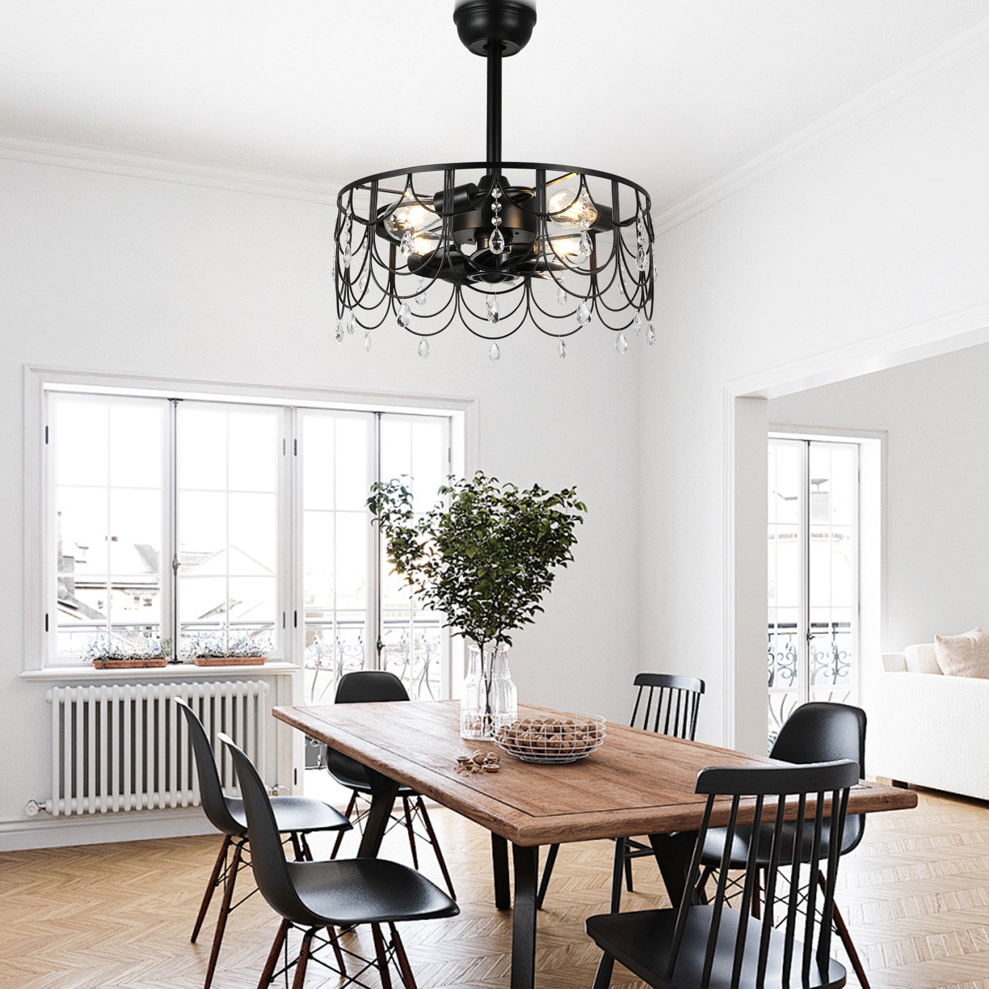 DC2105-BellaDepot 20.8" Black/Silver Dream Crystal Reversible Ceiling Fan with Remote and 4 Lights, 6-speed Bladeless Ceiling Fan