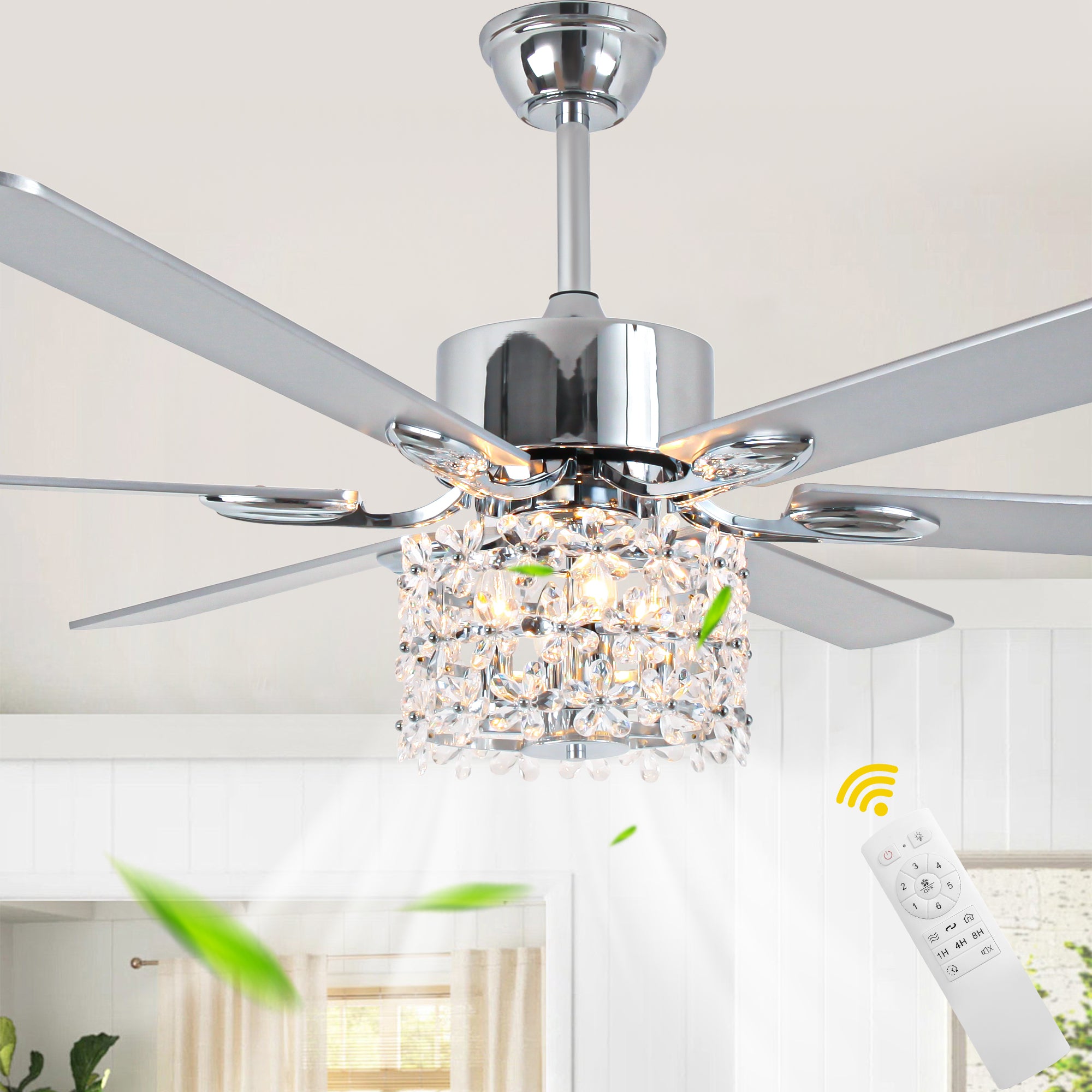 65 Inch Modern Glam Crystal Ceiling Fan with Lights and Remote Control,6 Speeds DC Motor  Black/Chrome Large Ceiling Fan with Crystals