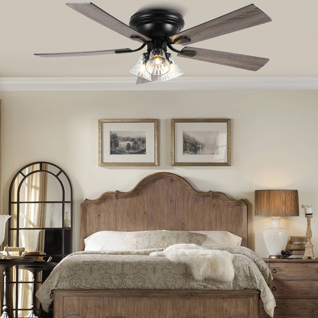 52/60 Inch Black Farmhouse Flush Mount Ceiling Fan with Lights and Remote Control, 6 Speeds DC Motor Low Profile Ceiling Fan with Glass Shade