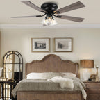 52/60 Inch Black Farmhouse Flush Mount Ceiling Fan with Lights and Remote Control, 6 Speeds DC Motor Low Profile Ceiling Fan with Glass Shade