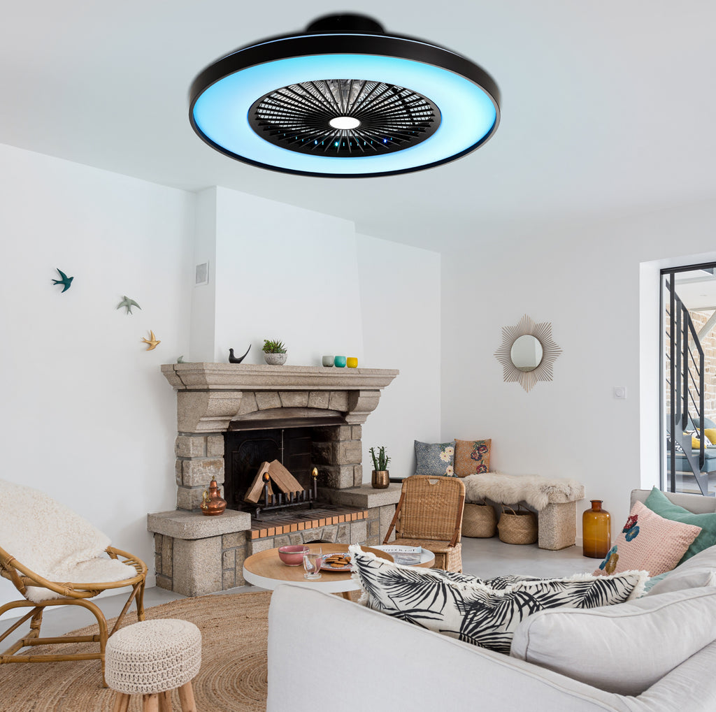 23 Inch Modern Smart Bladeless Ceiling Fan with Dimmable RGB LED Light and Remote,6 Speeds Flush Mount Ceiling Fan for Bedroom