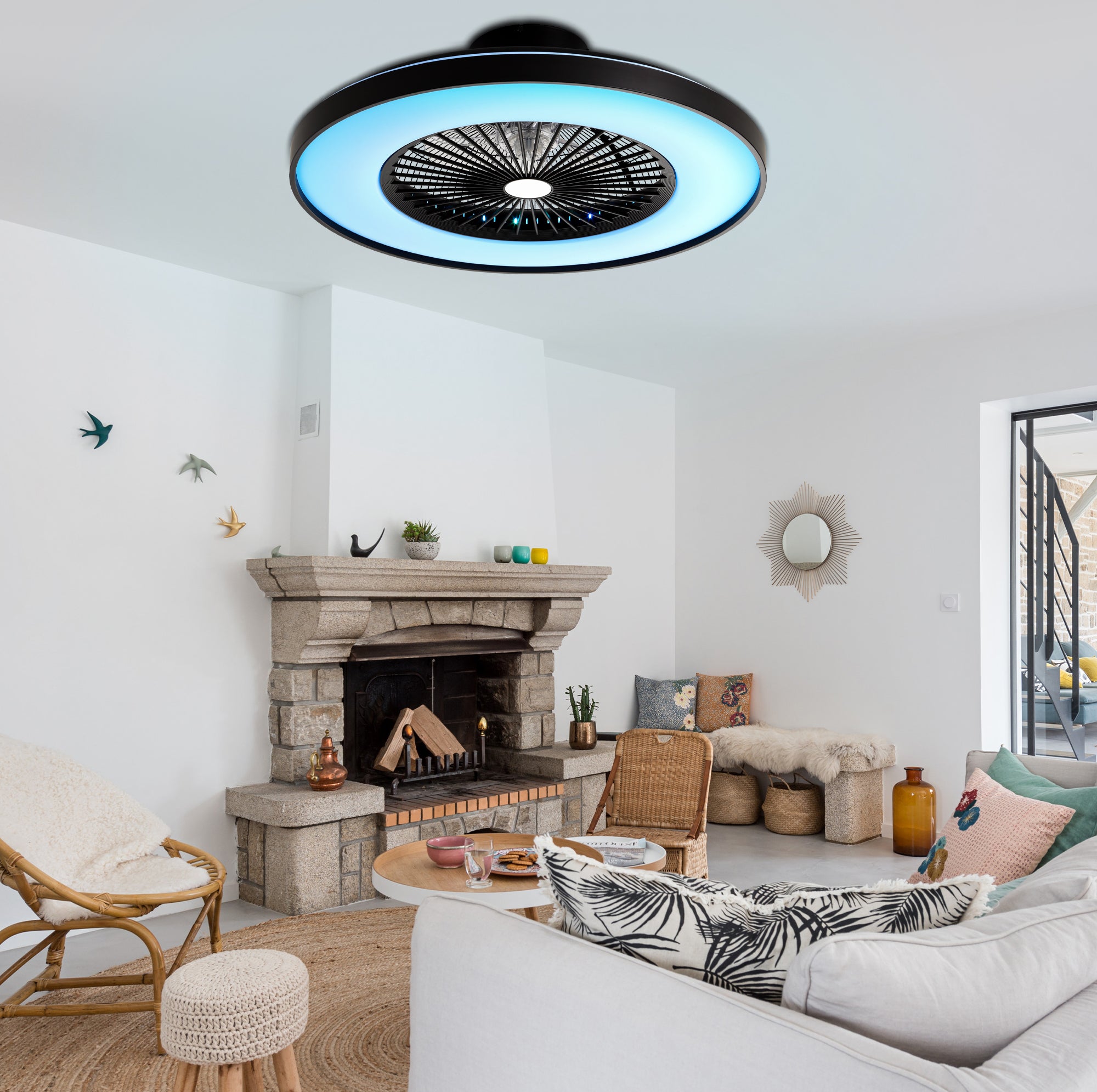 23 Inch Modern Smart Bladeless Ceiling Fan with Dimmable RGB LED Light and Remote,6 Speeds Flush Mount Ceiling Fan for Bedroom