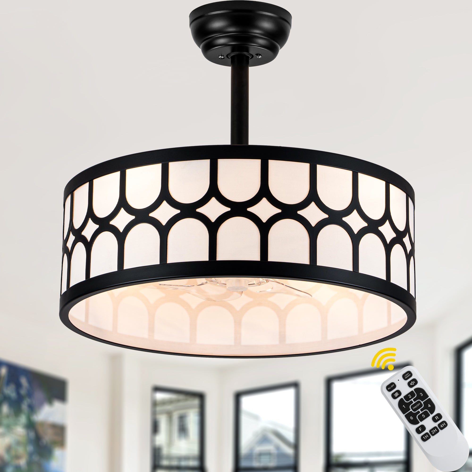 20 Inch Modern Drum Cage Ceiling Fan with Light and Remote, DC Motor 6-Speed Reversible Fandelier Bladeless Ceiling Fan for Bedroom