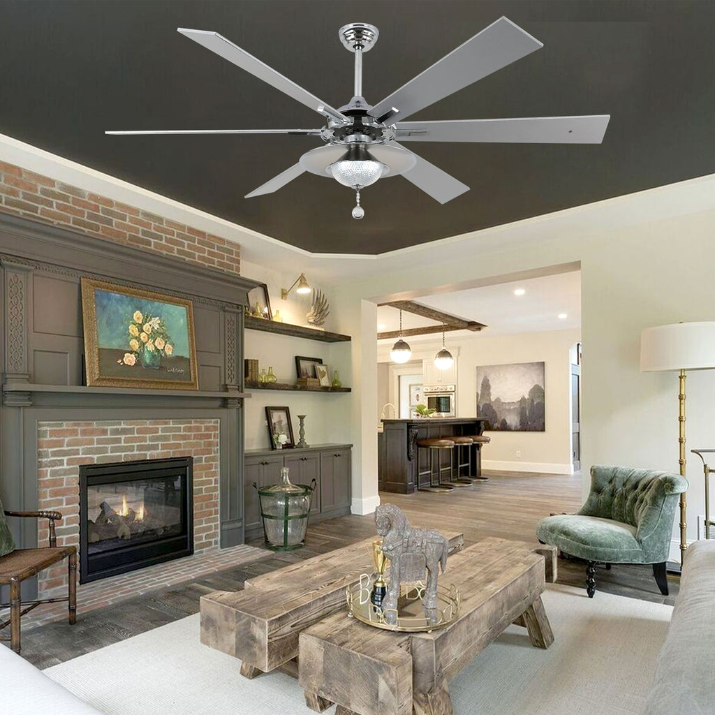 DC7204-BellaDepot 72" Silver/Black Finish Modern Urban Crystal Reversible Ceiling Fan with Remote and LED Light Kit, Large Size Ceiling Fan