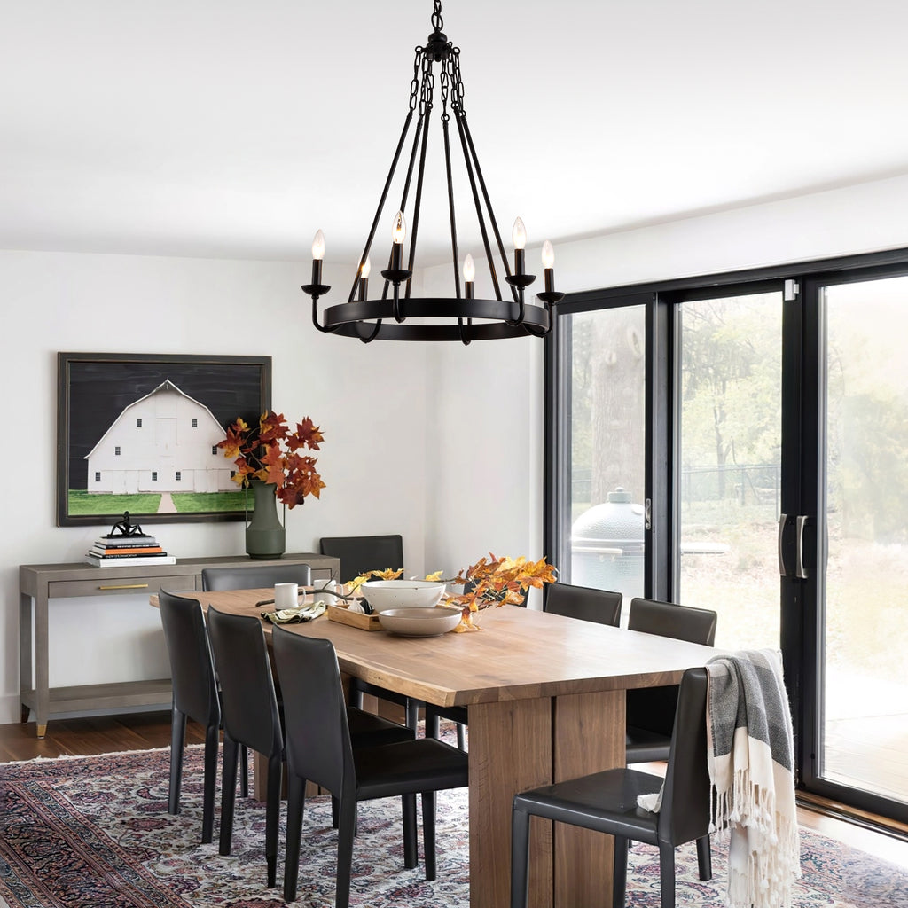 6 - Light Farmhouse Industrial Wagon Wheel Candle Chandelier, 25 Inch Round Matte Black Chandelier with Adjustable Chain, Rustic Candle-Style Pendant Light for Dining Room