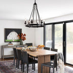 6 - Light Farmhouse Industrial Wagon Wheel Candle Chandelier, 25 Inch Round Matte Black Chandelier with Adjustable Chain, Rustic Candle-Style Pendant Light for Dining Room