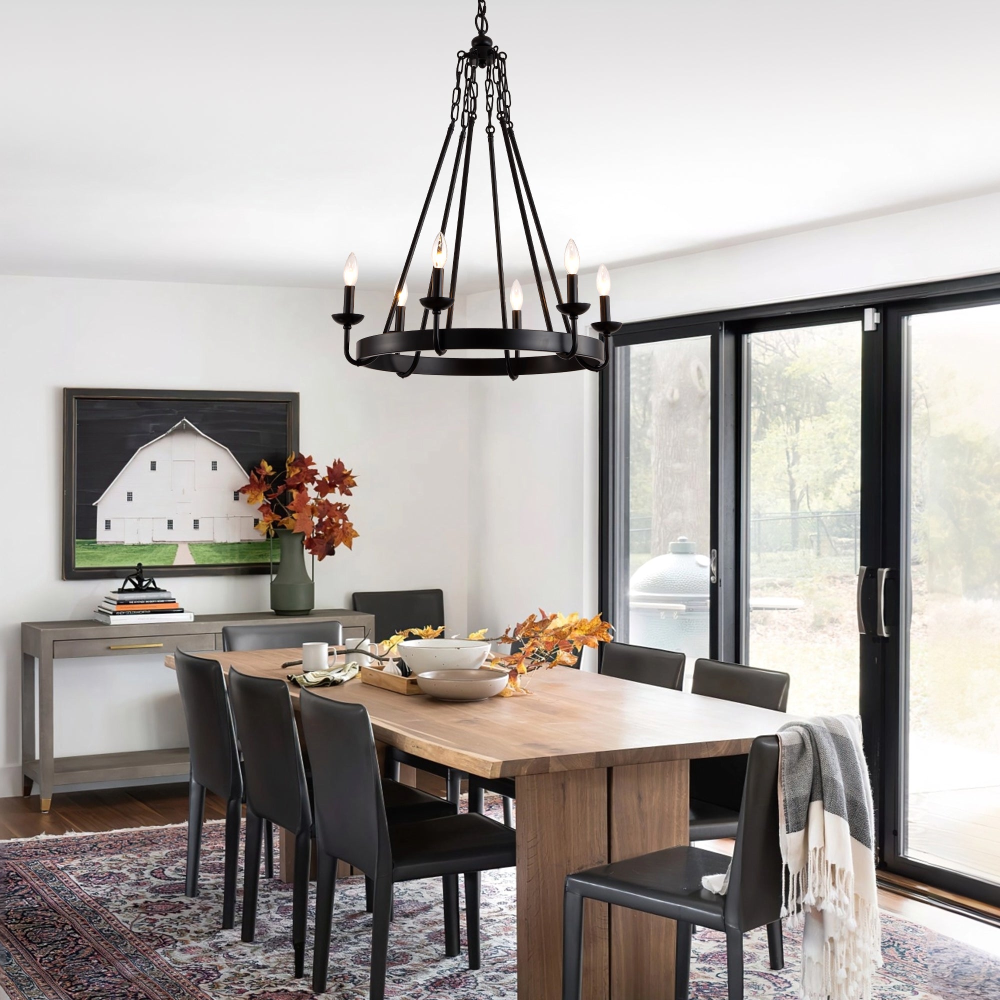 6 - Light Farmhouse Industrial Wagon Wheel Candle Chandelier, 25 Inch Round Matte Black Chandelier with Adjustable Chain, Rustic Candle-Style Pendant Light for Dining Room