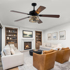 Luxury 60 Inch Crystal Caged Ceiling Fan with Light Reversible Quiet DC Motor and Remote Control Ceiling Fan Wood Blades Ceiling Fan Suit for Bedroom, Living Room, Kitchen